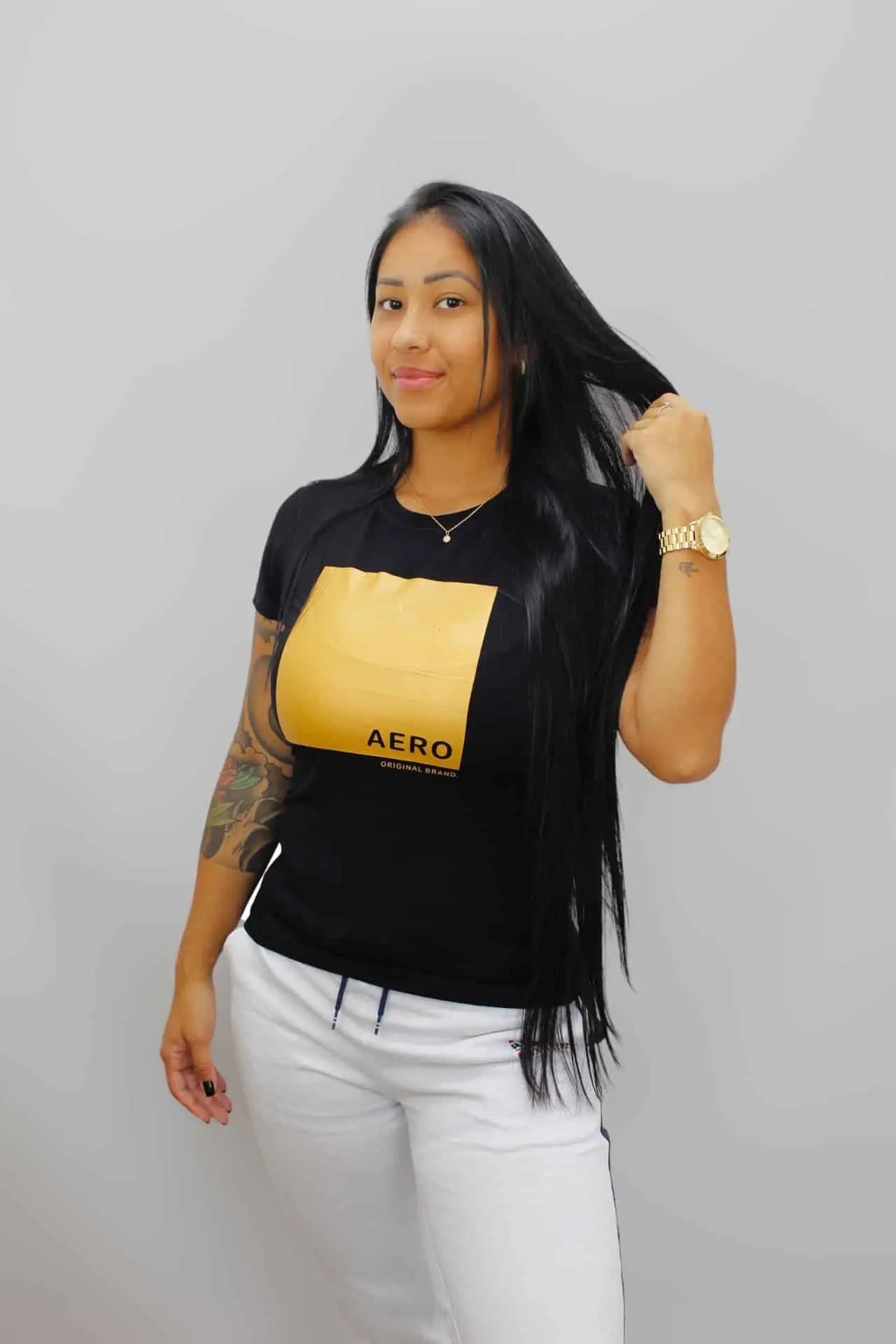 Camiseta Feminina Aeropostale - Preta Com Dourado - Ale Imports