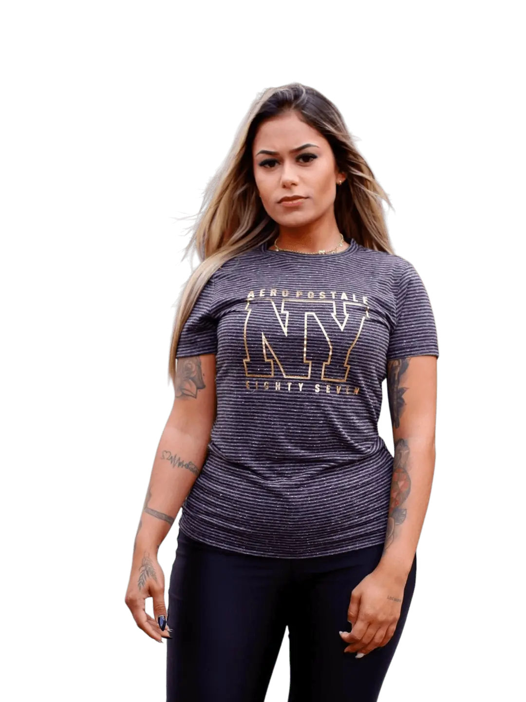 Camiseta Feminina Listrada Aeropostale - cinza Escuro - Ale Imports