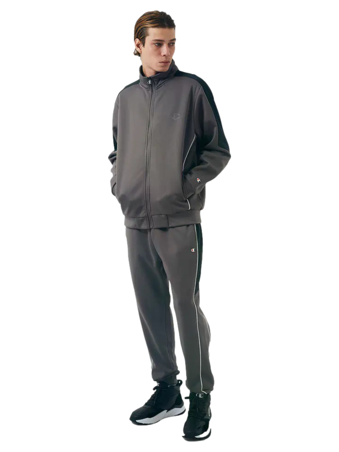 Conjunto Tracksuit Champion Active Two Tone masculino cinza — jaqueta com zíper e calça jogger em poliéster com patch bordado