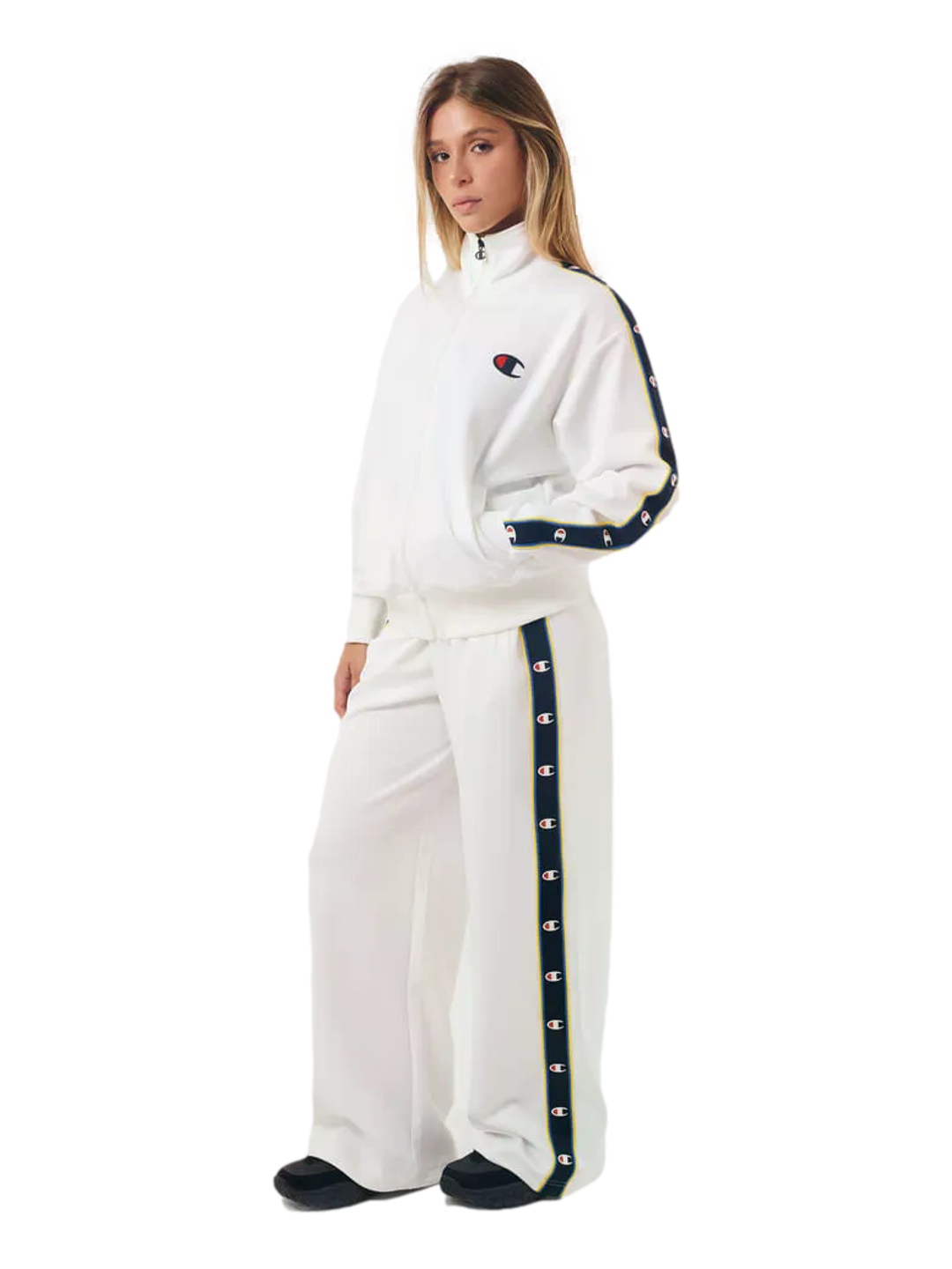Conjunto agasalho feminino Champion Active Tracksuit C Tape off-white — jaqueta com zíper e calça pantalona com fita lateral logo Champion azul marinho