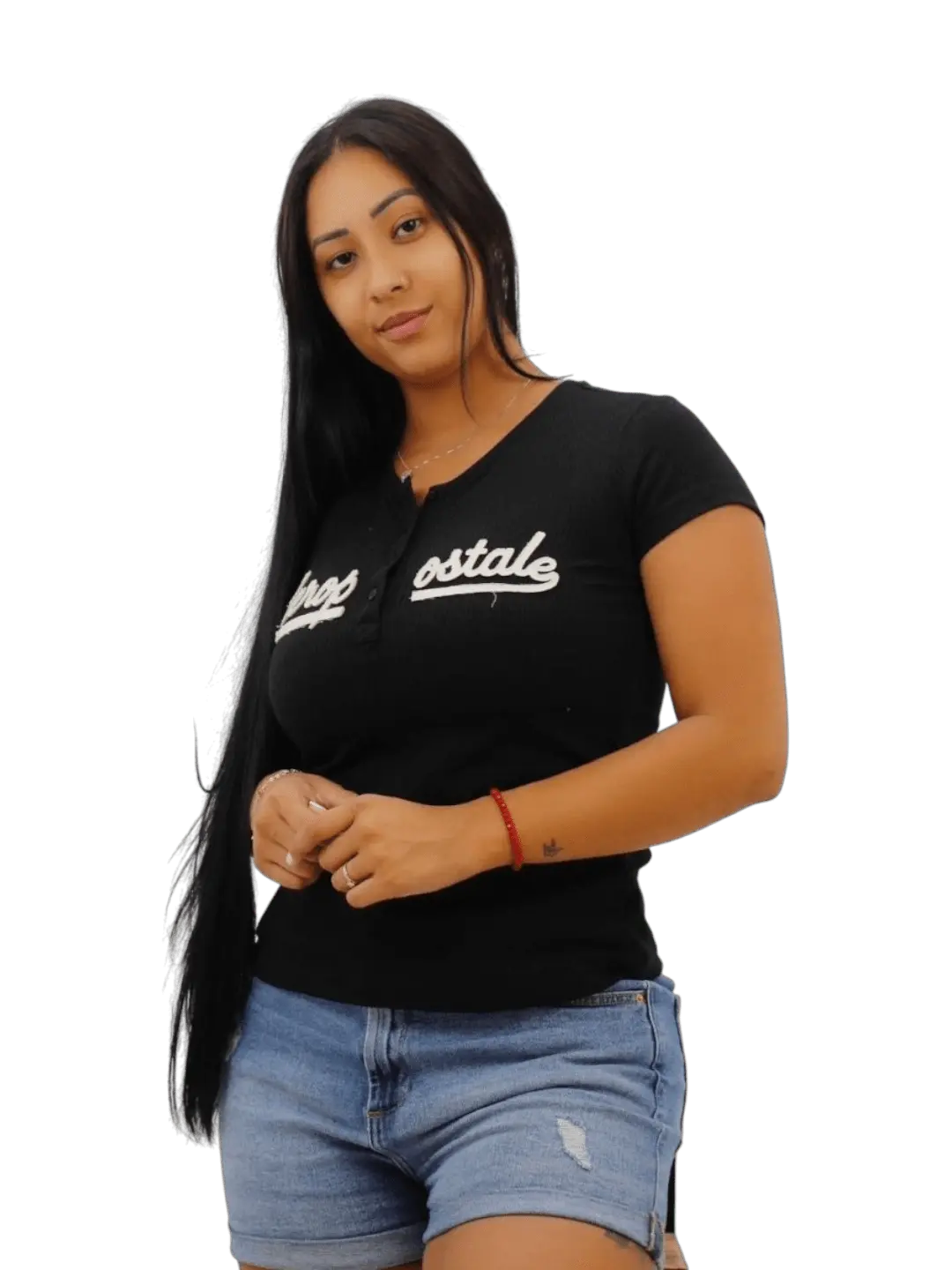 Camiseta feminina Aeropostale - preta de botão - Ale Imports