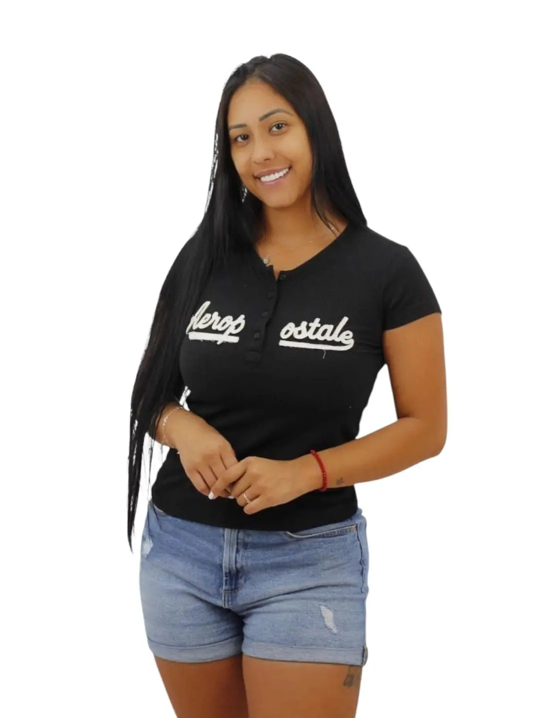 Camiseta feminina Aeropostale - preta de botão - Ale Imports