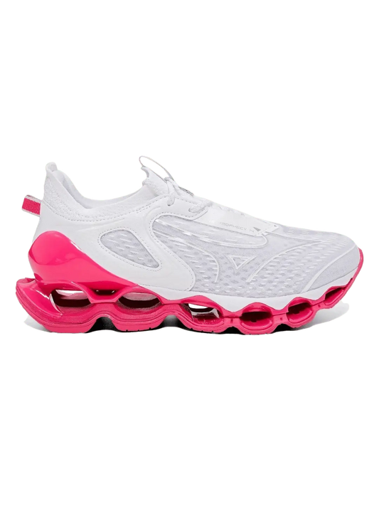 Tênis Feminino Mizuno Wave Prophecy 14 Rosa com cabedal em mesh e design moderno, ideal para corrida e uso esportivo