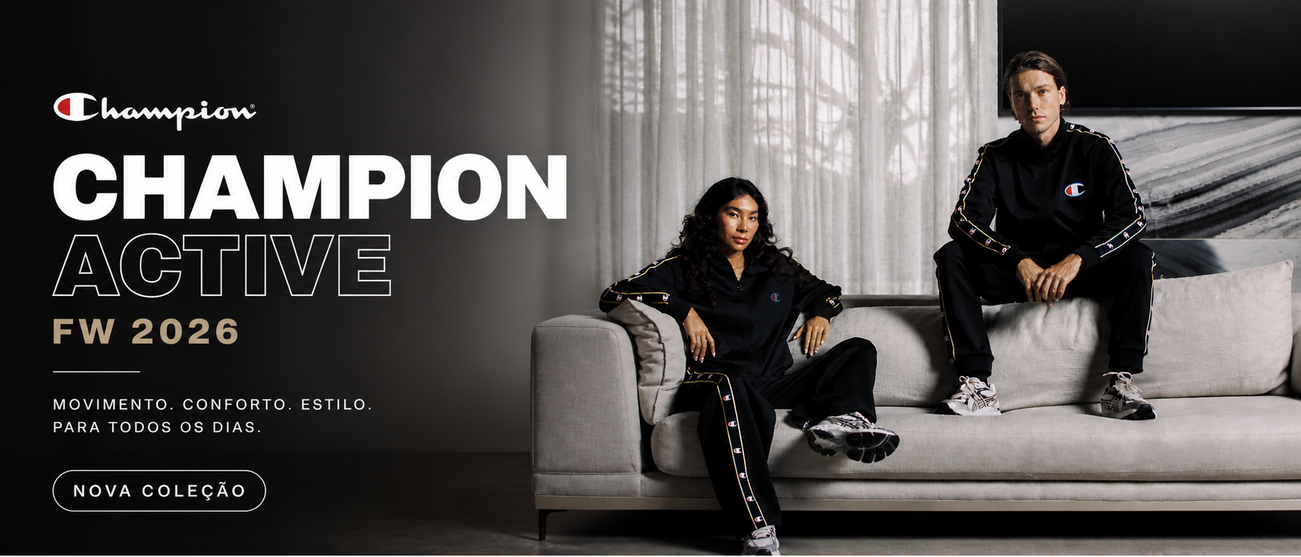 Banner Champion Active FW 2026 roupa esportiva masculina e feminina streetwear conjunto preto original Champion