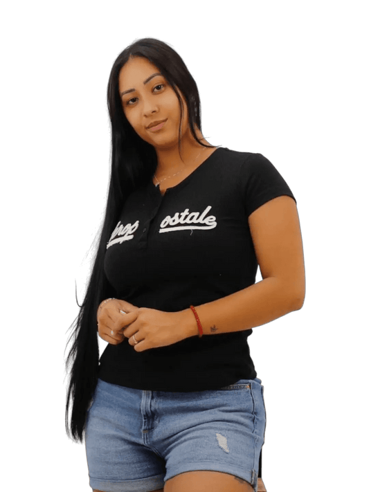 Camiseta feminina Aeropostale - preta de botão - Ale Imports
