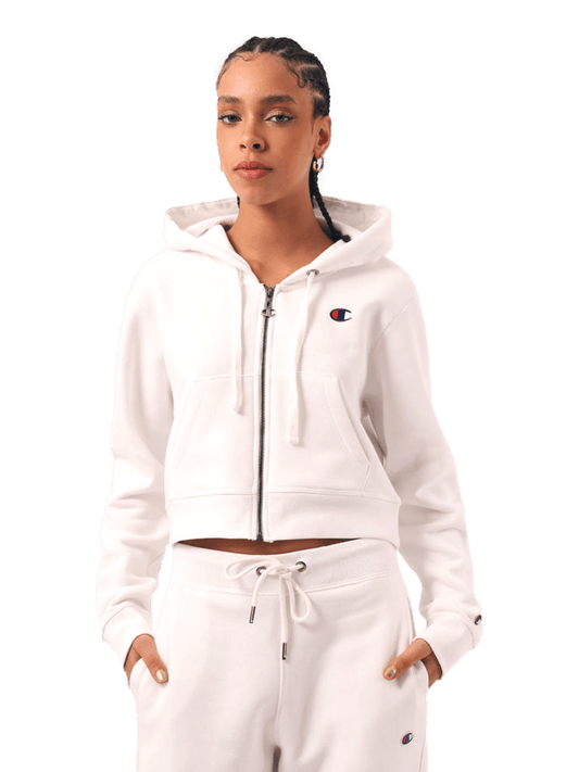 Moletom Champion Feminino Cropped com Capuz C Logo Bordado — Branco - Ale Imports