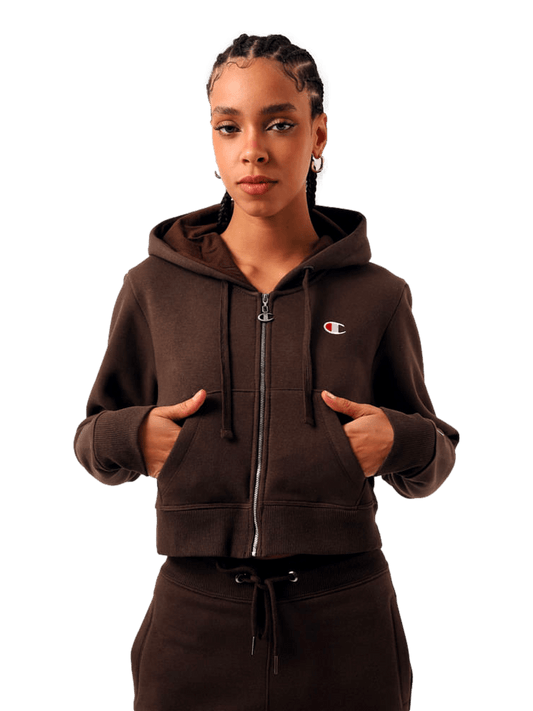 Moletom Champion Feminino Cropped com Capuz C Logo Bordado — Marrom - Ale Imports