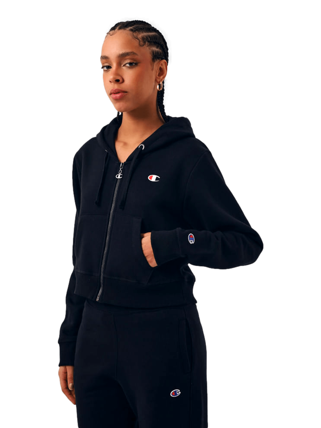 Moletom Champion Feminino Cropped com Capuz C Logo Bordado — Preto - Ale Imports