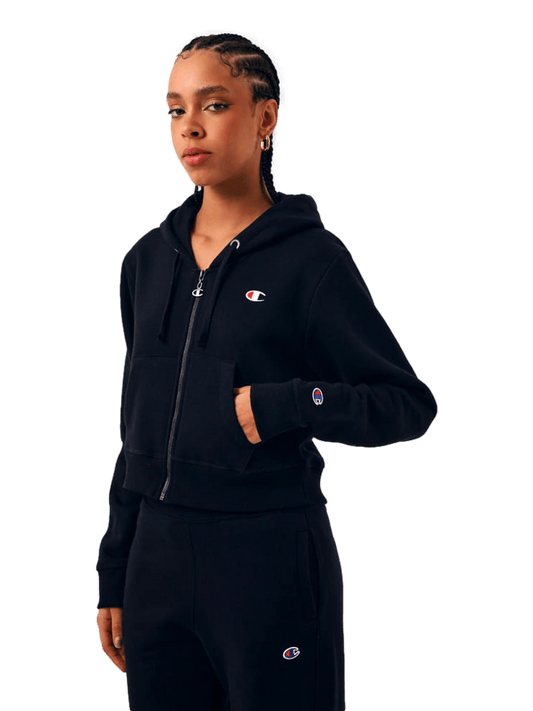 Moletom Champion Feminino Cropped com Capuz C Logo Bordado — Preto - Ale Imports